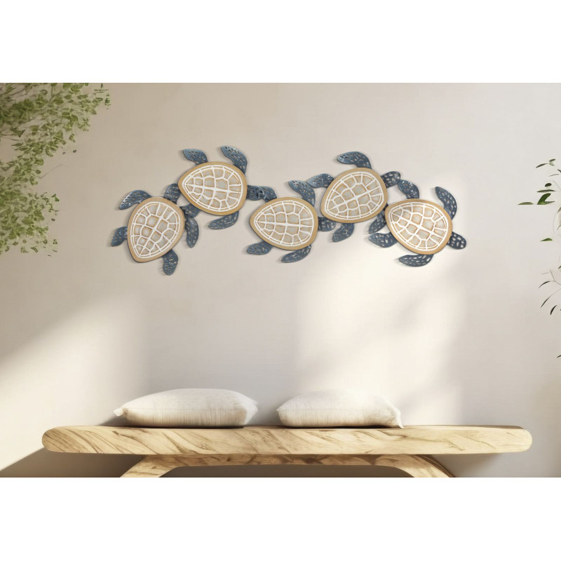Grande Déco murale originale Tortues 111x43 en Métal Bleu Bois Naturel Nylia 