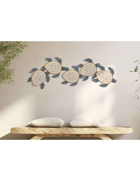 Grande Déco murale originale Tortues 111x43 en Métal Bleu Bois Naturel Nylia 