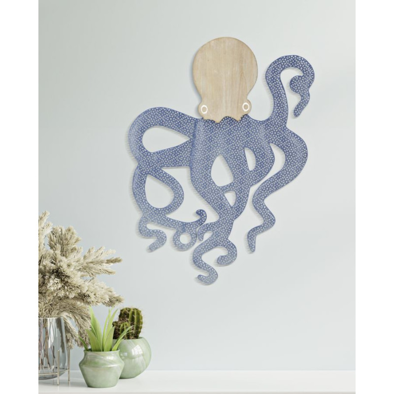 Déco murale originale Pieuvre 41x57 en Métal Bleu Blanc Bois Naturel Zalyn 