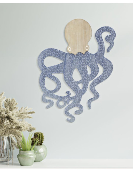 Déco murale originale Pieuvre 41x57 en Métal Bleu Blanc Bois Naturel Zalyn 