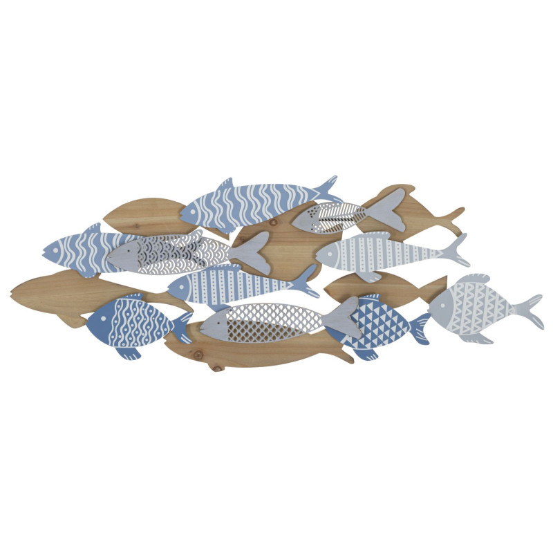 Déco murale moderne Banc de Poissons 91x33 en Métal Bleu Blanc Bois Naturel Kerla 