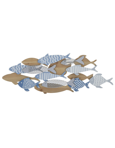 Déco murale moderne Banc de Poissons 91x33 en Métal Bleu Blanc Bois Naturel Kerla 