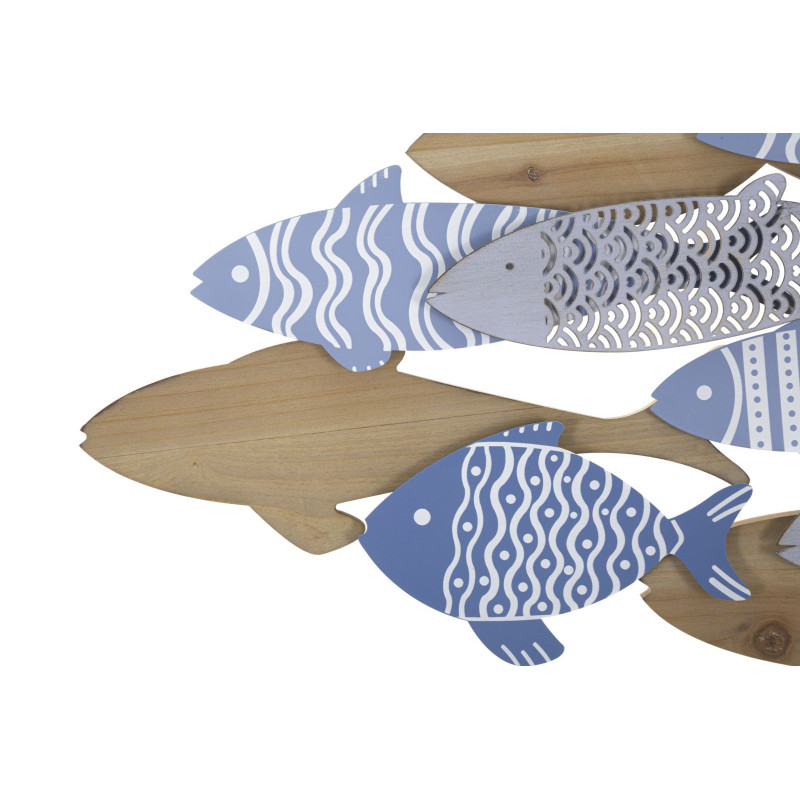 Déco murale moderne Banc de Poissons 91x33 en Métal Bleu Blanc Bois Naturel Kerla 