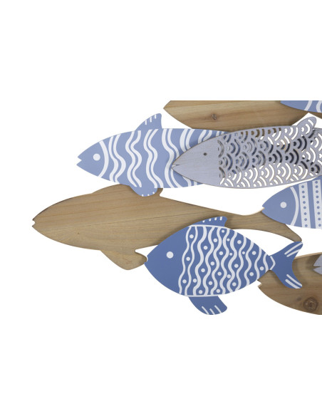 Déco murale moderne Banc de Poissons 91x33 en Métal Bleu Blanc Bois Naturel Kerla 
