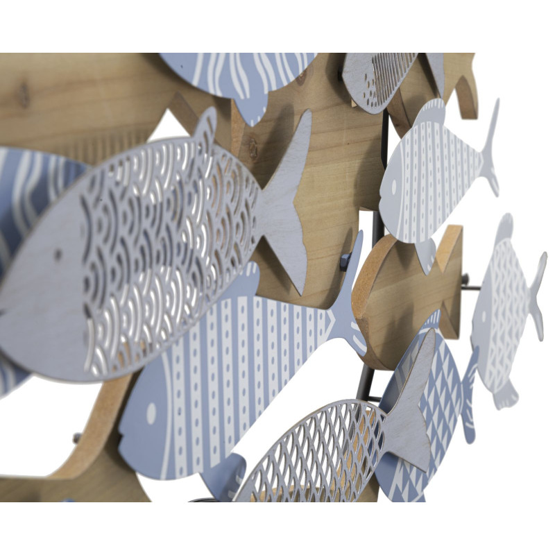 Déco murale moderne Banc de Poissons 91x33 en Métal Bleu Blanc Bois Naturel Kerla 