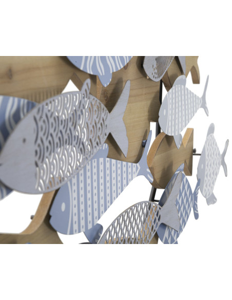 Déco murale moderne Banc de Poissons 91x33 en Métal Bleu Blanc Bois Naturel Kerla 