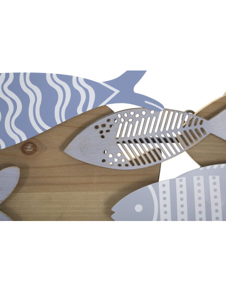 Déco murale moderne Banc de Poissons 91x33 en Métal Bleu Blanc Bois Naturel Kerla 