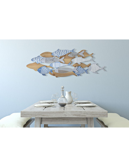 Déco murale moderne Banc de Poissons 91x33 en Métal Bleu Blanc Bois Naturel Kerla 