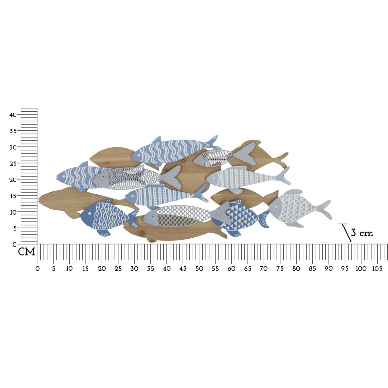 Déco murale moderne Banc de Poissons 91x33 en Métal Bleu Blanc Bois Naturel Kerla 