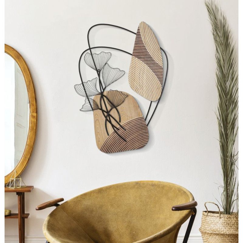 Grande Déco murale moderne Fleurs 70x100 en Métal Noir Bois Naturel Zelyn 