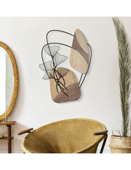 Grande Déco murale moderne Fleurs 70x100 en Métal Noir Bois Naturel Zelyn 