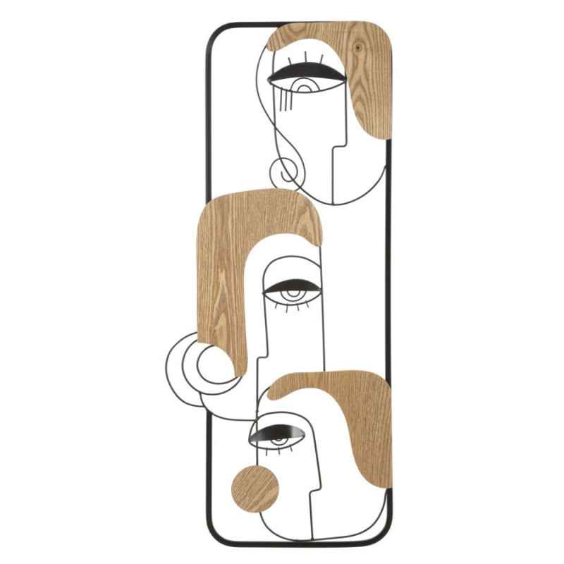 Déco murale originale 3 Visages abstraits 38x89 en Métal Noir Bois Naturel Picassy 