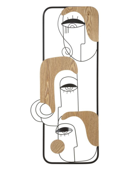 Déco murale originale 3 Visages abstraits 38x89 en Métal Noir Bois Naturel Picassy 