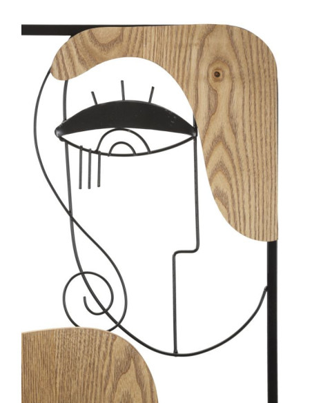 Déco murale originale 3 Visages abstraits 38x89 en Métal Noir Bois Naturel Picassy 