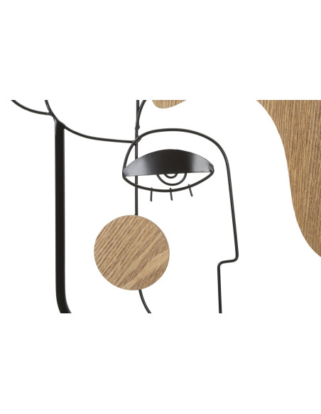 Déco murale originale 3 Visages abstraits 38x89 en Métal Noir Bois Naturel Picassy 