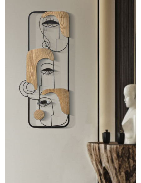 Déco murale originale 3 Visages abstraits 38x89 en Métal Noir Bois Naturel Picassy 