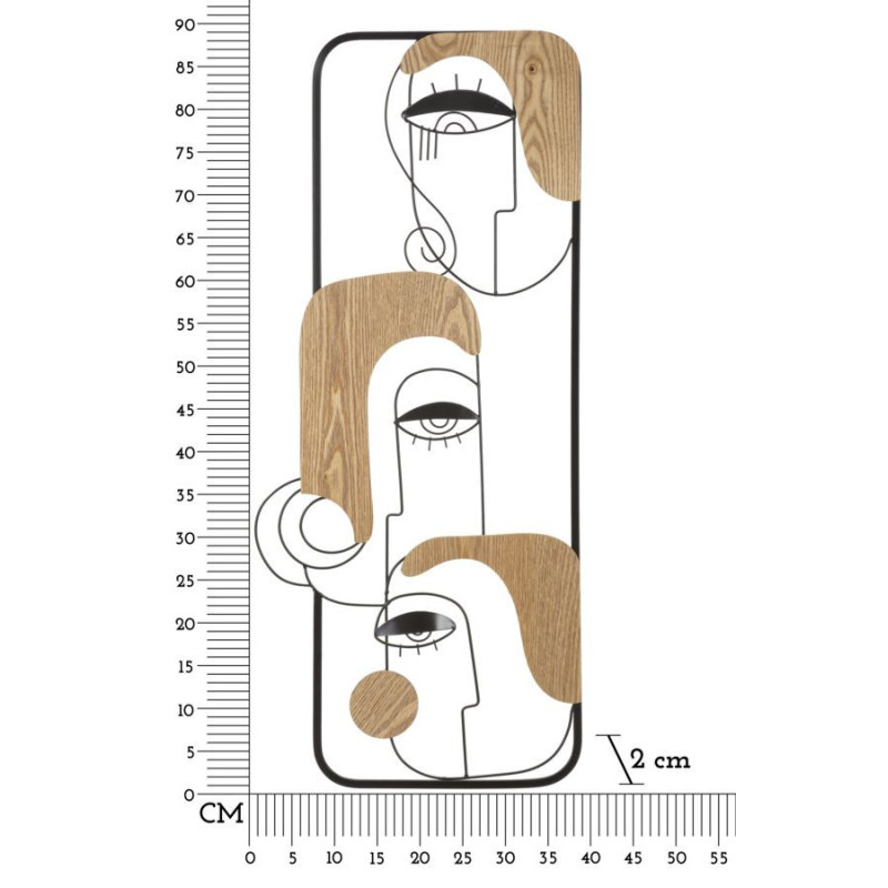 Déco murale originale 3 Visages abstraits 38x89 en Métal Noir Bois Naturel Picassy 