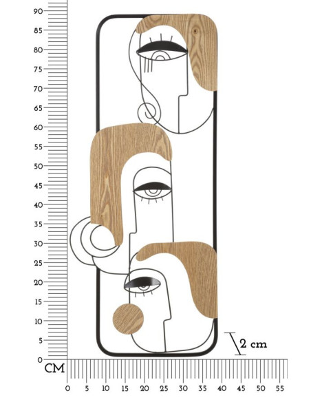 Déco murale originale 3 Visages abstraits 38x89 en Métal Noir Bois Naturel Picassy 