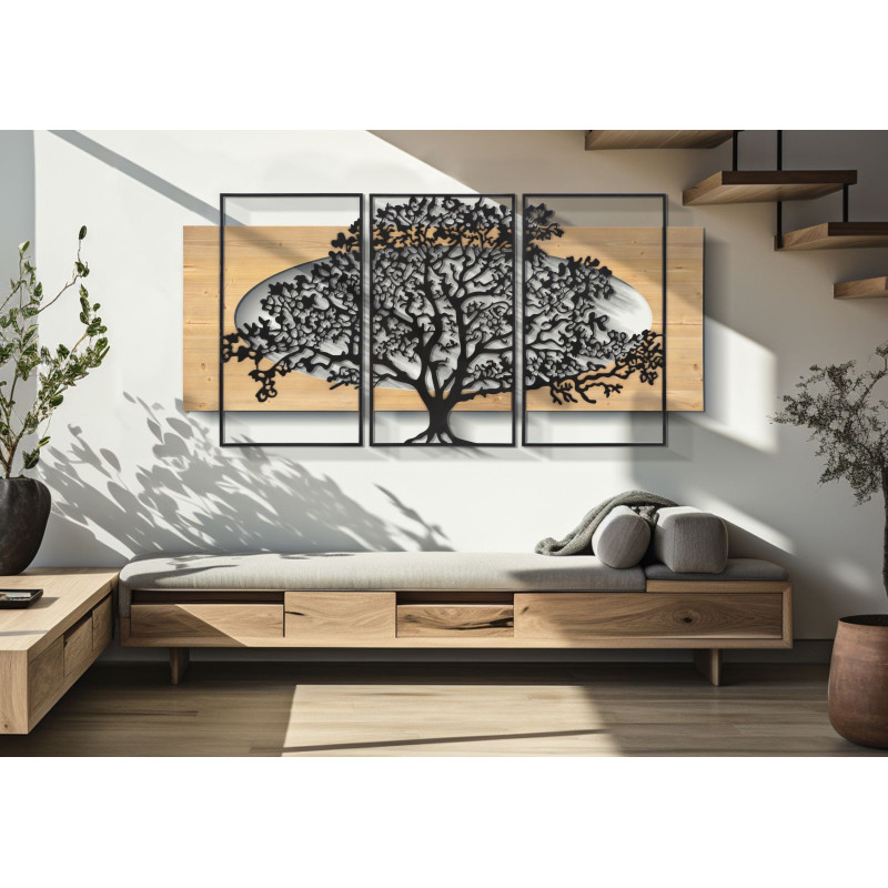 Grande Déco murale originale triptyque Arbre 176x90 en Métal Noir Bois Naturel Arvan 