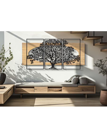 Grande Déco murale originale triptyque Arbre 176x90 en Métal Noir Bois Naturel Arvan 