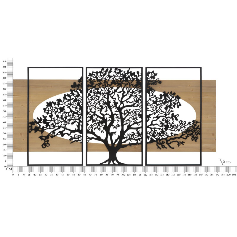 Grande Déco murale originale triptyque Arbre 176x90 en Métal Noir Bois Naturel Arvan 