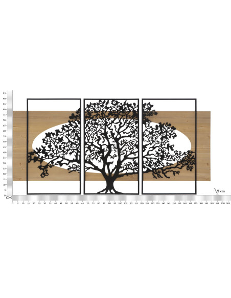 Grande Déco murale originale triptyque Arbre 176x90 en Métal Noir Bois Naturel Arvan 