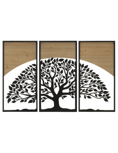 Grande Déco murale originale triptyque Arbre de vie 105x70 en Métal Noir Bois Naturel Kelis 