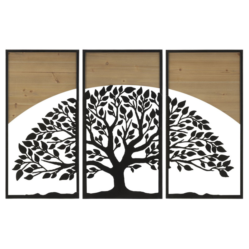 Grande Déco murale originale triptyque Arbre de vie 105x70 en Métal Noir Bois Naturel Kelis 