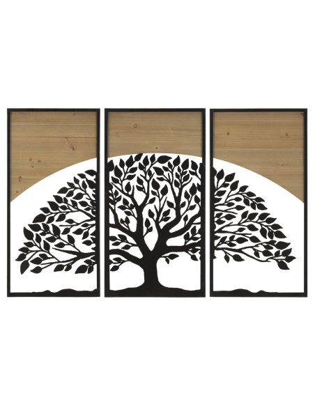 Grande Déco murale originale triptyque Arbre de vie 105x70 en Métal Noir Bois Naturel Kelis 