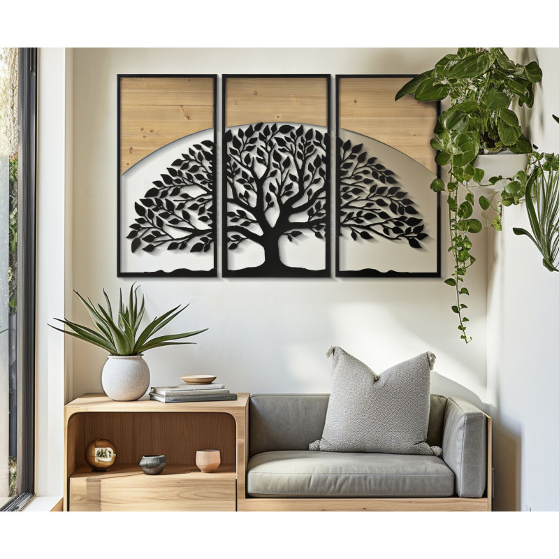 Grande Déco murale originale triptyque Arbre de vie 105x70 en Métal Noir Bois Naturel Kelis 