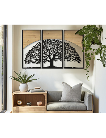 Grande Déco murale originale triptyque Arbre de vie 105x70 en Métal Noir Bois Naturel Kelis 