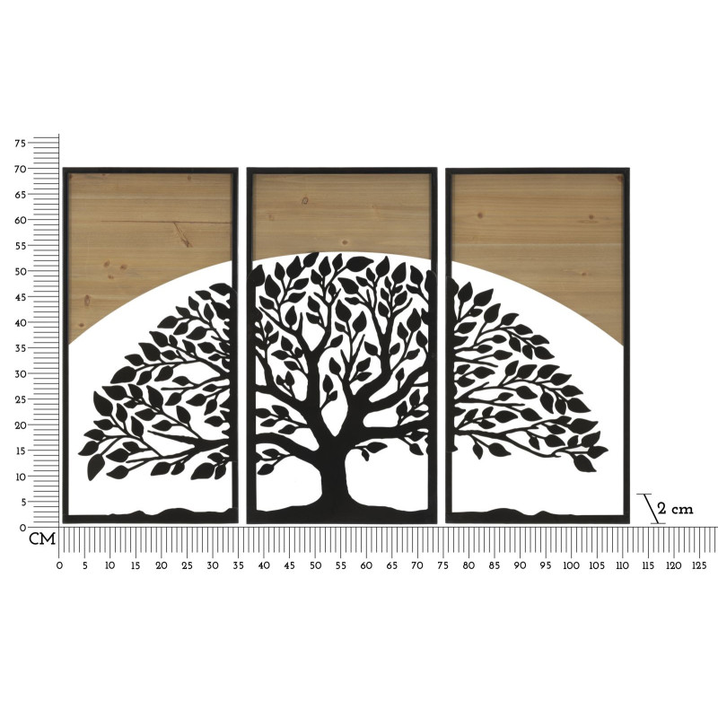 Grande Déco murale originale triptyque Arbre de vie 105x70 en Métal Noir Bois Naturel Kelis 