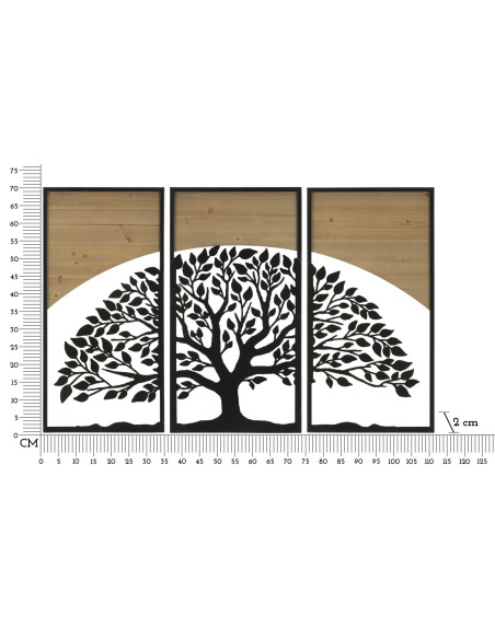 Grande Déco murale originale triptyque Arbre de vie 105x70 en Métal Noir Bois Naturel Kelis 