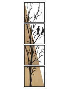 Grande Déco murale originale 4 panneaux oiseaux sur branche 50x200 en Métal Noir Bois Naturel Zelia 