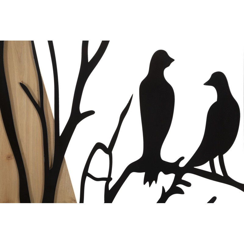 Grande Déco murale originale 4 panneaux oiseaux sur branche 50x200 en Métal Noir Bois Naturel Zelia 