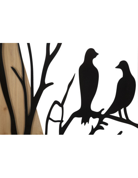 Grande Déco murale originale 4 panneaux oiseaux sur branche 50x200 en Métal Noir Bois Naturel Zelia 
