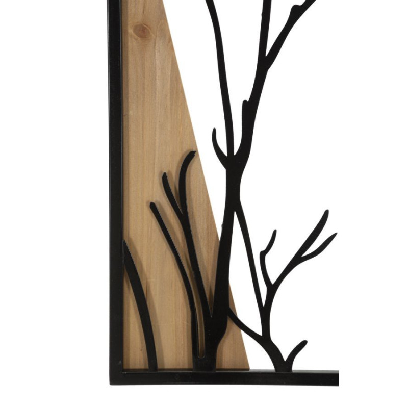 Grande Déco murale originale 4 panneaux oiseaux sur branche 50x200 en Métal Noir Bois Naturel Zelia 