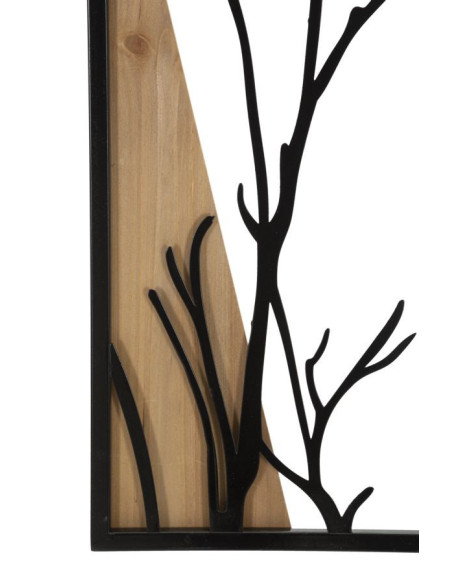 Grande Déco murale originale 4 panneaux oiseaux sur branche 50x200 en Métal Noir Bois Naturel Zelia 