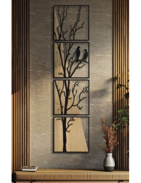 Grande Déco murale originale 4 panneaux oiseaux sur branche 50x200 en Métal Noir Bois Naturel Zelia 