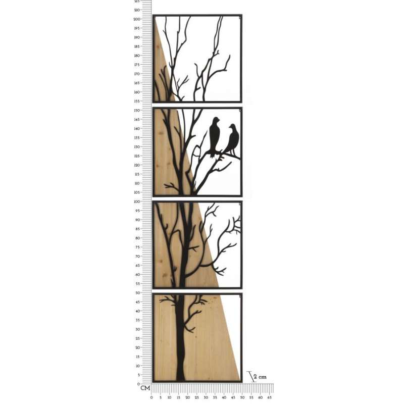 Grande Déco murale originale 4 panneaux oiseaux sur branche 50x200 en Métal Noir Bois Naturel Zelia 