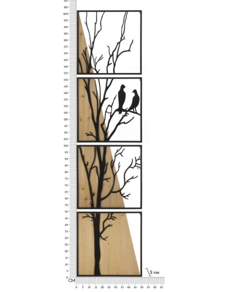 Grande Déco murale originale 4 panneaux oiseaux sur branche 50x200 en Métal Noir Bois Naturel Zelia 