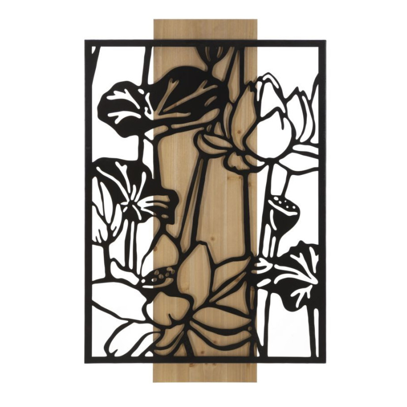 Déco murale originale Lotus 60x90 en Métal Noir Bois Naturel Kelor 