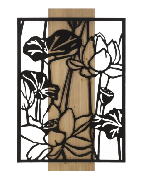 Déco murale originale Lotus 60x90 en Métal Noir Bois Naturel Kelor 