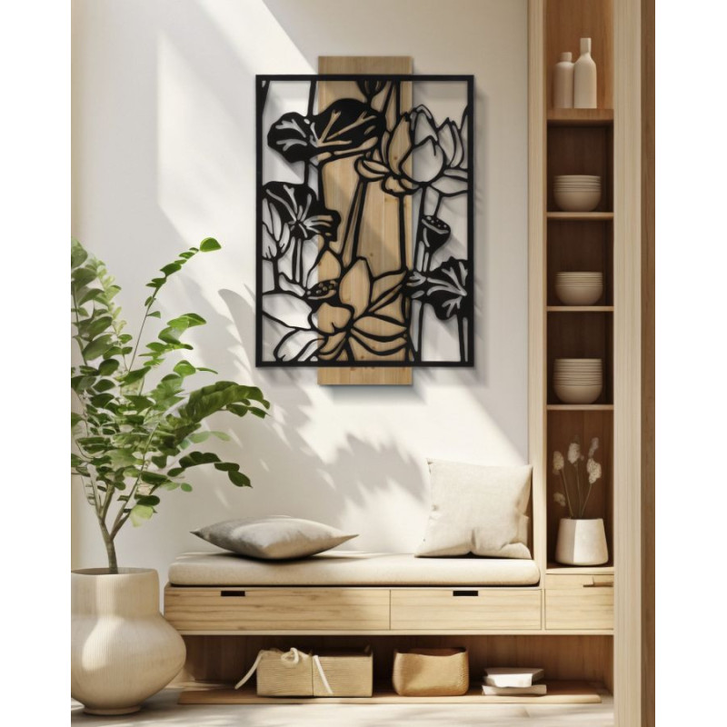 Déco murale originale Lotus 60x90 en Métal Noir Bois Naturel Kelor 