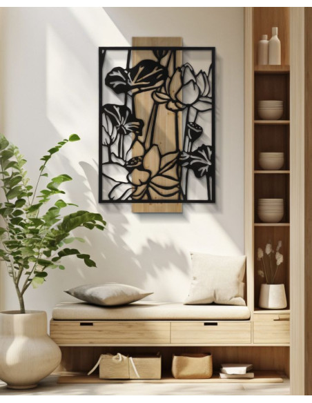 Déco murale originale Lotus 60x90 en Métal Noir Bois Naturel Kelor 