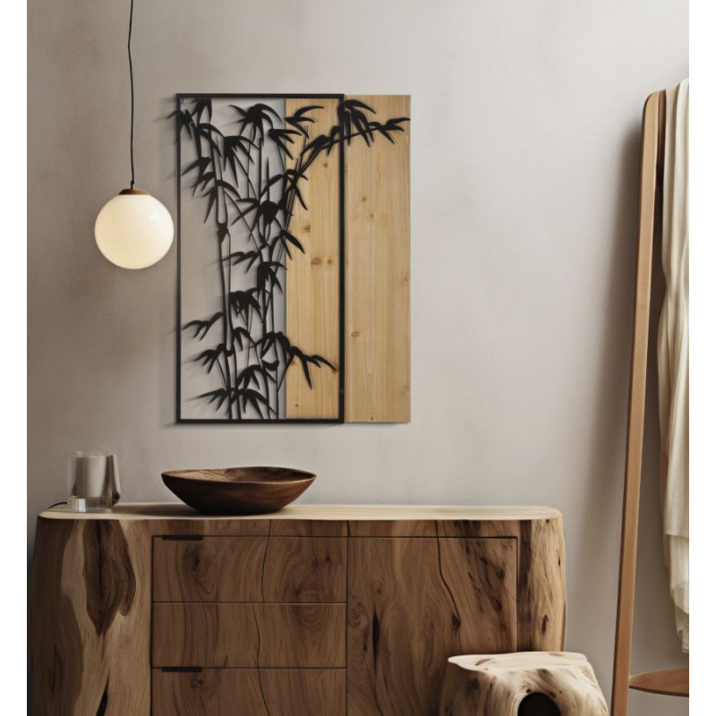 Déco murale originale Bambous 58x80 en Métal Noir Bois Naturel Olian 