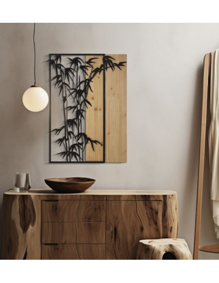 Déco murale originale Bambous 58x80 en Métal Noir Bois Naturel Olian 