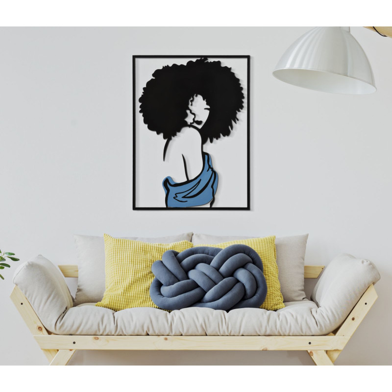 Déco murale moderne Femme coupe afro 60x80 en Métal Noir Bleu Lydra 