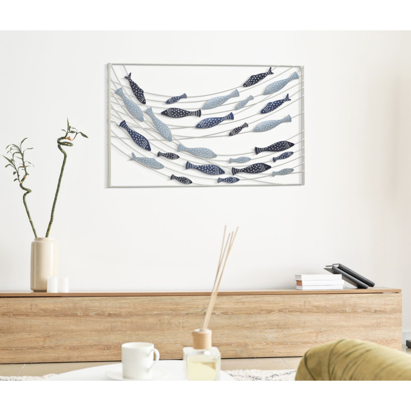 Déco murale moderne Poissons 96x61 en Métal Bleu Blanc Neyla 