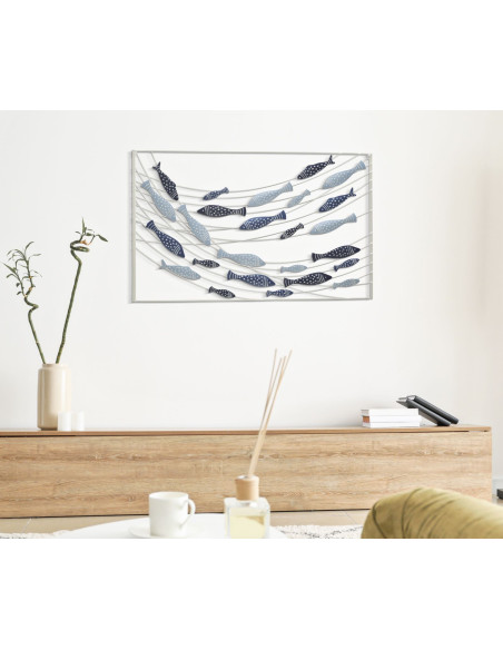 Déco murale moderne Poissons 96x61 en Métal Bleu Blanc Neyla 
